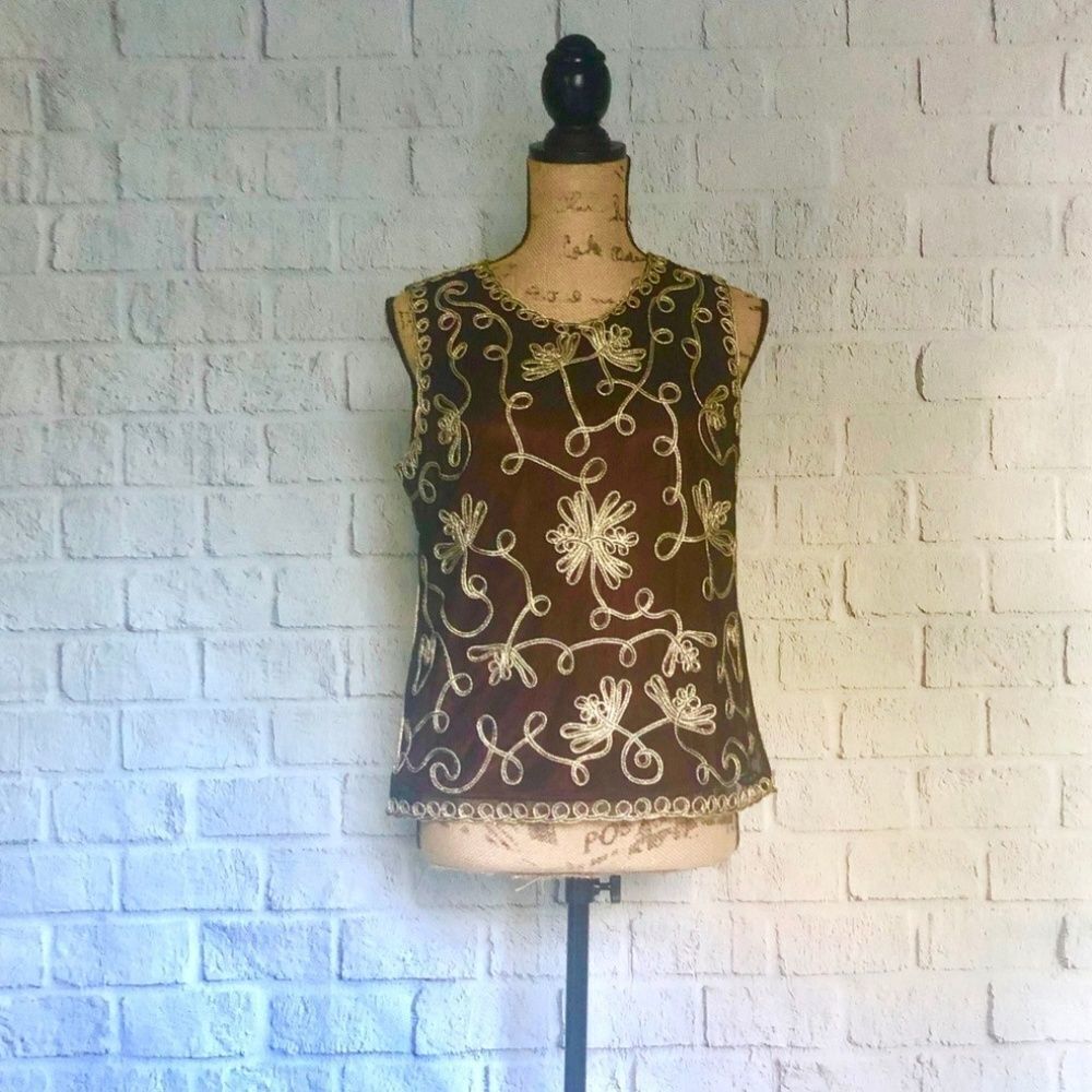 Sophie Chang Brown and Gold embroidered tank